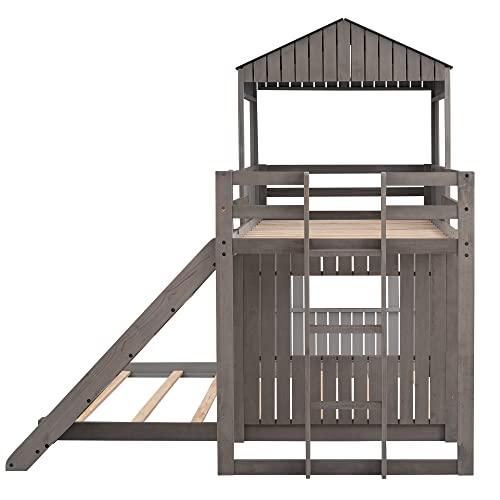 Image of Bellemave Bunk beds Twin Over Full with Slide,Ladders,House roof Design, Kids bunk /loft Bed for Kids,Antique Gray