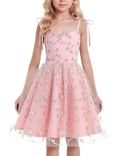 Happy Cherry Flower Girl Tie Strap Floral Tulle Dress Sweatheart Neck Embroidery Lace Mesh Sundress 4-10Y