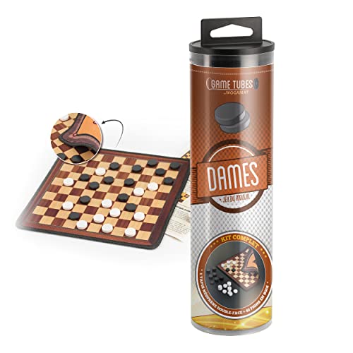 WOGAMAT - Kit Complet pour Jeu de Dames - Tapis Double Face en Néoprène, Damier et Jeu du Moulin + 40 Pions en Bois + Livret de Règles