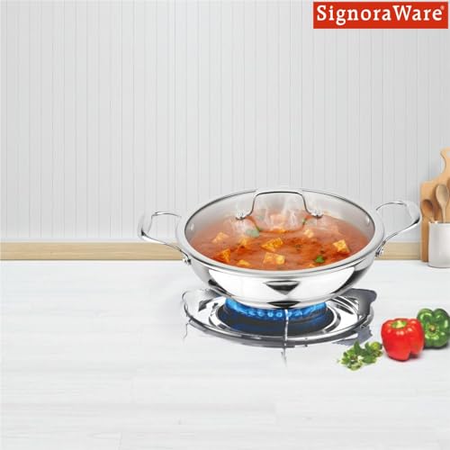 Image of Signoraware Artista Tri Ply Stainless Steel Shallow Kadhai 26cm with Glass Lid | Induction & Gas Compatible | Durable | Ideal for Stir Frying & Sauteing | Best for Curry & Gravies (4 LTR | Steel)