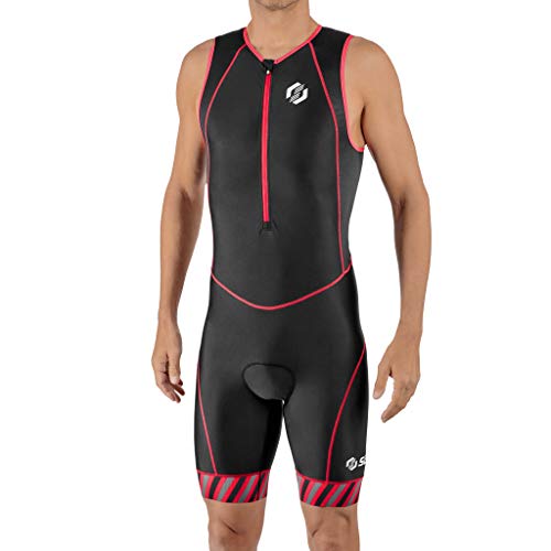 SLS3 Tri Suit Hombre Triatlón - Tri Suit Hombre - Triatlón Trisuit FRT 2.0-2 Bolsillos - Soft Chamois - Diseñado por Atletas para Atletas (Negro/Rojo Rayas, Medio) Cover