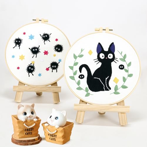 Image of Cat Embroidery Starter Kit for Beginners Adults, Animal Stamped Cross Stitch Kit for Adult Beginner, Hand Embroidery Needlepoint Kits, 2 Set Embroidery Supply, 2 Hoops (Attached Video Tutorial)