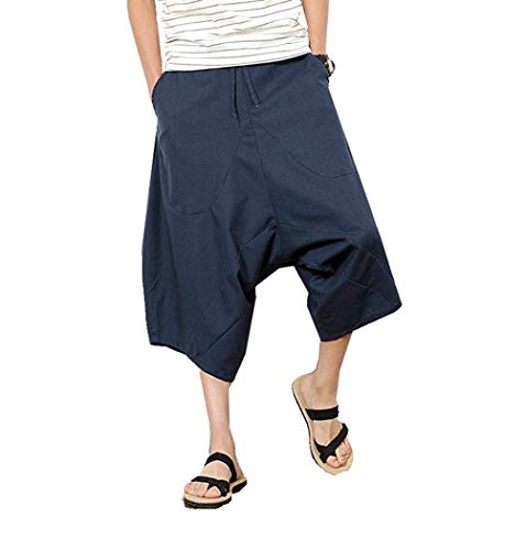 Pantalones De Capri Harem Casuales De Verano para Hombres Entrepierna Baja Holgados Lino Festivo Algodón Cintura Elástica Cordón Color Sólido Sarouel Aladin Goa Pluder Pump Hippie Pants Cover