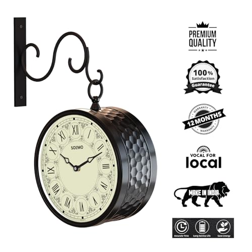 Image of Amazon Brand - Solimo Double Sided Vintage Station Wall Clock, one Side Roman and Other Side Numeral dial (8 Inches, Black) Metal, Analog