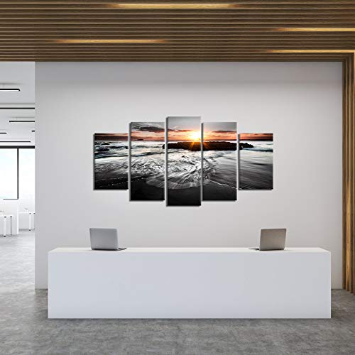 Skenoart 5 Panels Large Sea Sunrise Paintings On Canvas Wall Art Modern Seascape Pictures Black And White Ocean Beach Photos Giclee Prints Artwork For Living Room Home Office Wall Decor #TOP4