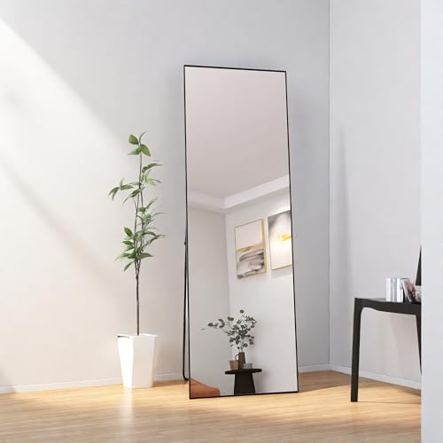 DAHUEN Miroir sur Pied 162 x 53 cm, Miroir de Sol rectangulaire Pleine Longueur, Miroir Mural à Suspendre ou à Poser, avec Cadre en Aluminium Noir, pour Salle de Bain, Chambre, Entrée (162 x 53 cm)