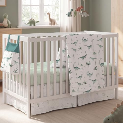 Image of Hahafelt 4 Pieces Crib Bedding Set for Girls and Boys, Soft Baby Bedding Set Including Crib Skirt, Comforter, Sheet and Diaper Stacker for Nursery (Dinosaur Theme)