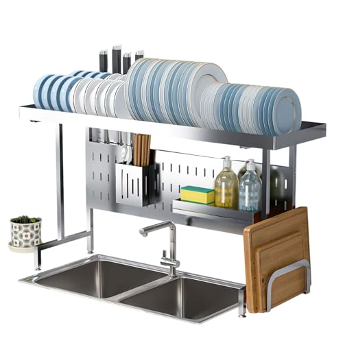 Escurridor de platos grande para fregadero, longitud ajustable, organizador expandible sobre fregadero de cocina, para platos, vasos, cuencos y cubiertos