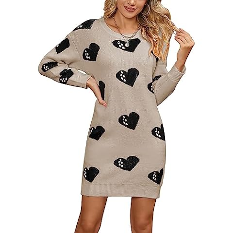 Cogild Women Cute Heart Shaped Crewneck Long Sleeve Chunky Knit Mini Sweater Dress Cover