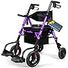 Foldable Rollator Walker for Seniors with Seat, Lightweight 2 in 1 Rolling Walkers Wheelchair Combo for Adult, Transport Chair with Brakes, Adjustable Seat and Handle, 300 Lb. Weight Capacity, Purple