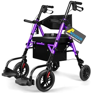 Foldable Rollator Walker for Seniors with Seat, Lightweight 2 in 1 Rolling Walkers Wheelchair Combo for Adult, Transport Chair with Brakes, Adjustable Seat and Handle, 300 Lb. Weight Capacity, Purple