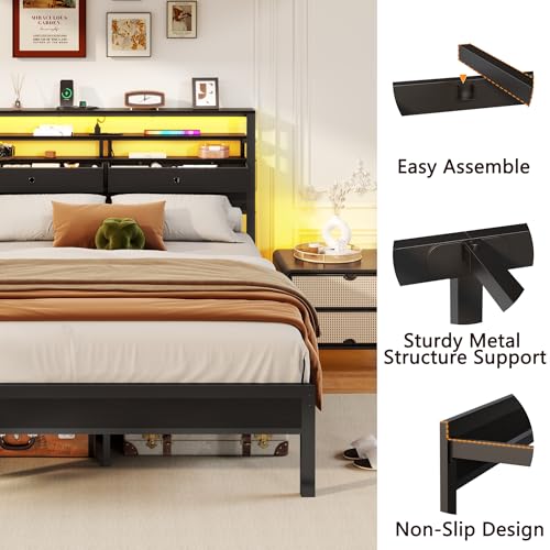Image of Furnulem Full Size Bed Frame with Headboard & 2 Fabric Drawers, Full Platform Bed Featuring LED Lights, Built-in Charging Station & Storage Shelves, Metal Slats, No Box Spring Needed - Black Oak