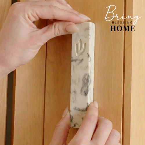 Image of SURI Mezuzah for Door - 5 Inch Marble Off-White Concrete Mezuzah Case with Non Kosher Scroll, Self-Stick Jewish Entry Design, Fits a 4 Inch Scroll, Gift Box Included