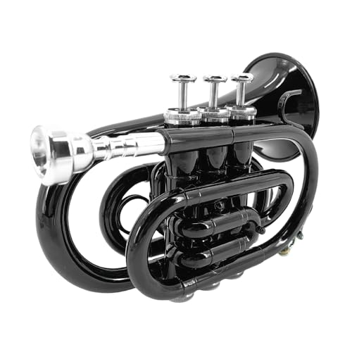 WUQIMUSC Trompette de poche en laiton nickelé avec embouchure 7C, kit de nettoyage, étui de transport, gants pour débutants/étudiants (noir) – vue 2