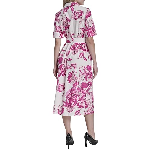 Image of DKNY Women's Short Sleeve Cotton Poplin Collared Midi Shirtdress