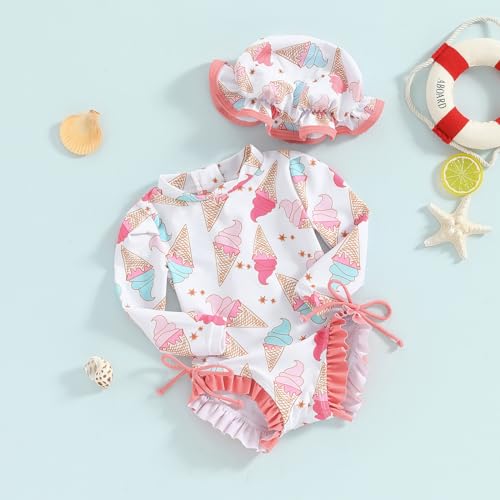 pengnight Toddler Baby Girl Swimsuit One-Piece Long Sleeve Ruffle Floral Print Rash Guard Zipper Bathing Suit2