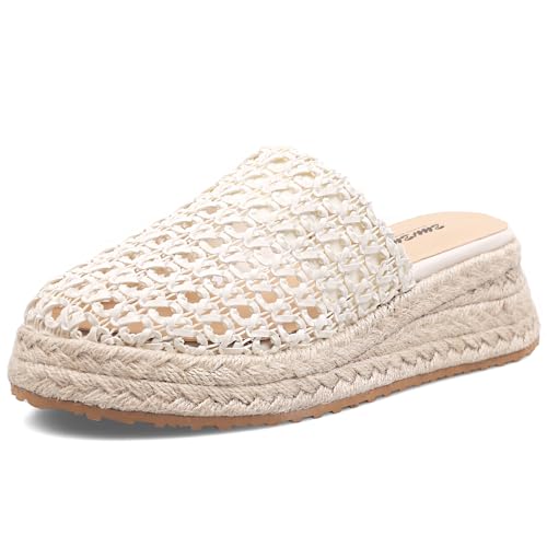 Platform Sandals Espadrilles Wedges for Women Closed Toe Raffia Sandals Hollow Out Beach Slip On Shoes Summer Slides Mules for Dressy Party Vacation