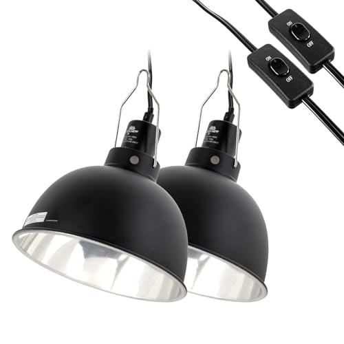 CAVACHEW 2 Pack Reptile Light Fixture, 8.5in Deep Dome Reptile Lamp Fixture, Optical Reflection Cover, Separate Switch & Hook, Terrarium Light Fixture for Reptile Heat Basking UVB Bulbs, 150W, Black