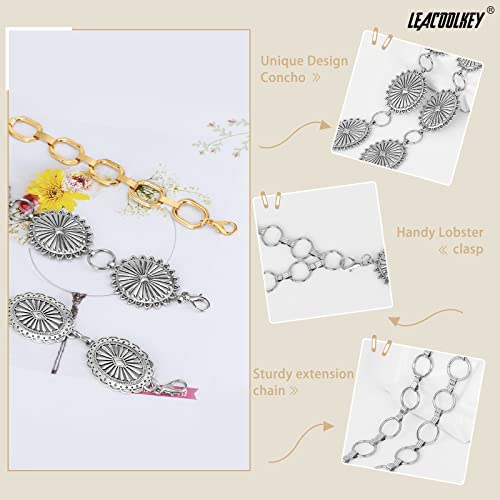 Image of LEACOOLKEY Women Turquoise Concho Chain Waist Belt Silver Western Cowgirl Metal Chain Belt for Dress Adjustable