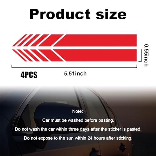 Image of Augeny 4 PCS Car Rear View Mirror Stickers, Waterproof Vinyl Auto Side Rearview Mirror Stripes, Universal Reflective Anti-Collision Striped Warning Decal for Most Vehicles (Red)