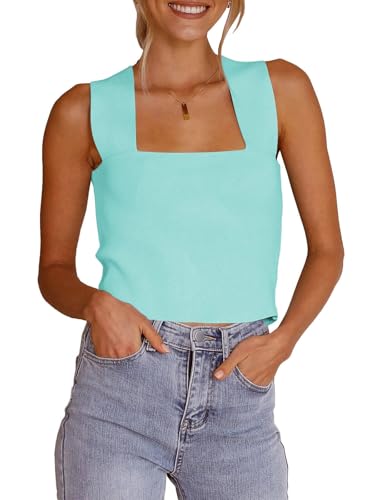 Zwurew Mint Green Tank Tops Women Knit Square Neck Sleeveless Tops for Women Casual Summer Sweater Tank Shirts
