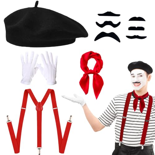 French Mime Artist Costume Accessories Set for Men Women with Beret Scarf Suspenders Gloves Beard Halloween Party Cosplay Set (Black)