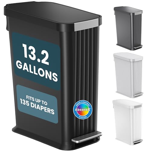 Image of Patented 13 Gallon STEP Diaper Pail - Fits Kitchen Bags, Odor Filter Baby Trash Can, 135 Diaper Capacity, No Refills Needed, for Nursery Diapers and Adult Incontinence Underwear - Matte Black