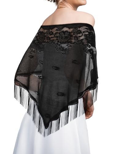 Geyoga Triangle Lace Shawls Women's Floral Lace Wraps with Tassels 1920s Scarf for Wedding Evening Party Dresses