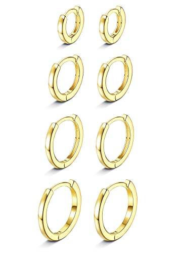 LOLIAS 4Pairs 14K Pendientes de Aro Pequeño para Mujeres Hombres CZ Mini Pendientes Aro Hipoalergénico Circonita Cúbica Cartílago Mini Pendientes Oreja Piercing 6mm 8mm 10mm 12mm Cover