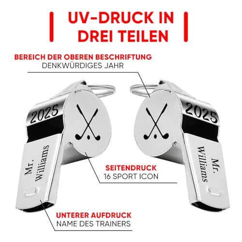 Trillerpfeife Personalisiert aus Edelstahl mit Wunschgravur & Schlüsselband, Schiedsrichter Pfeifen Laut Notfall mit Namen, Personalisierte Geschenke für Fußball Sport, Trainer, Schiedsrichter, Lehrer