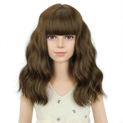 Image of PATTNIUM Kids Brown Wig with Bangs Short Curly Wavy Brown Girls Wig Dark Brown Synthetic Wigs for Cosplay Costume Party with Wig Cap