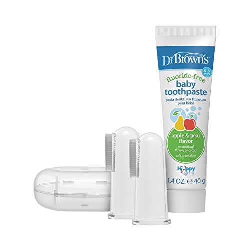 Dr. Brown's Silicone Finger Baby Toothbrush Kit, Two Finger Brushes, Travel Storage Case And Baby Toothpaste, Apple Pear Flavor Toddlers & Kids Love, Fluoride Free, Made In The Usa, 0-3 Years, 1.4Oz #TOP30