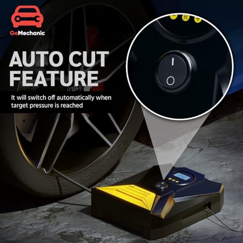 Image of GoMechanic Gusto Digital Tyre Inflator for Cars & Bikes | 150 PSI | 12V DC Portable Air Pump for Tyres with Auto Shut Off | Tyre Pressure Gauge | Multi-Nozzle Compatible | Emergency LED