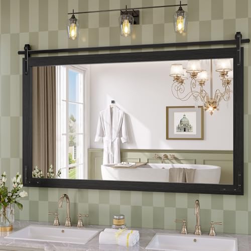 JIINGYO Farmhouse Bathroom Mirror, 55x36 Inch Black Vanity Mirror for Wall, Wood Framed Rustic Mirror Rectangular Wall Decor Mirrors for Entryway Living Room Bedroom