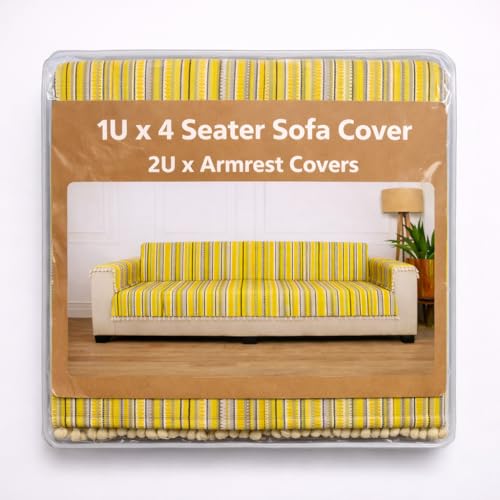 Image of Gifts Island 4 Seater Cotton Sofa Cover Mat | Anti Slip Sofa Cover Throw | All Over Furniture Protector with Elastic Straps | Washable Couch Cover for Living Room (Yellow, 4 Seater)
