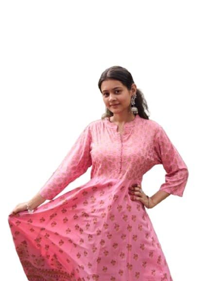 Women's Pink Printed Anarkali Kurta | 3/4 Sleeves | Round Neck | Ethnic Maxi Dress for Casual-picture-21