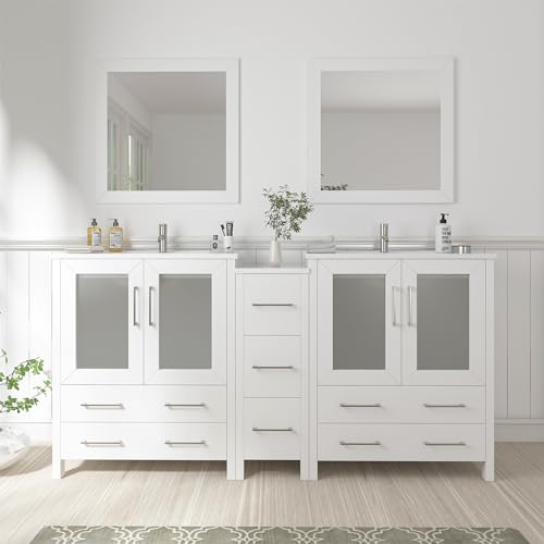 Vanity Art 72 Inch Under Mount Double Sink Bathroom Vanity Cabinet with 2 Mirrors, Ceramic Top Bathroom Cabinet Compact Set with 7 Dovetail Storage Drawers, Brushed Nickel Handles, VA3030-72-W