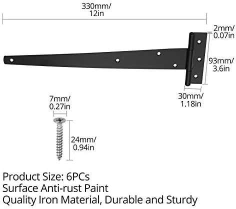T-Hinge Justech 6PCs 12" Tee Shed Hinge Set T-Strap Hinges Black Forged Metal Iron Gate Door Barn Hardware with Screws