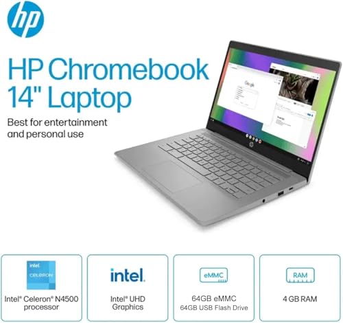 Image of HP Chromebook 14 Laptop, Intel Celeron, 4GB RAM 64GB eMMC (Optional Upgrade to 8GB 128GB), 14 inch HD Display, Webcam, Chrome OS, Long Battery Life, WiFi, Wireless Earbuds, Great for School, Work & Gifts