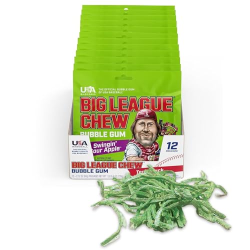 Image of Big League Chew Swingin' Sour Apple Bubble Gum - Tart & Tangy Apple Flavor Burst | Ideal for Baseball Games, Teams, Concessions, Parties, and More | Pack of 12 Bags (2.12oz Each)