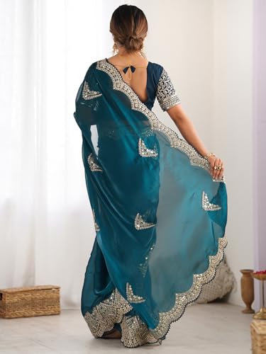 Image of Satrani Women's Tissue Silk Sequin Embroidery Scalloped Border Saree with Unstitched Blouse Piece