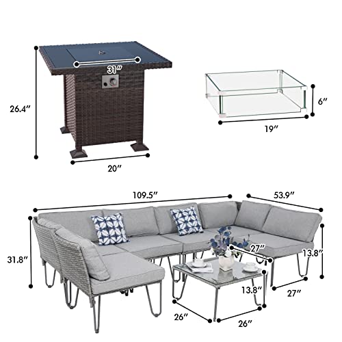 Udpatio Patio Furniture Sets, 7 Piece Outdoor Sectional Couch Wicker Patio Conversation Set Pe Rattan Sofa With Dining Coffee Table (F4-8Pc-Grey, Patio Sets W/Fire Pit Table-Square) #TOP6