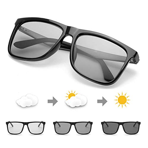TJUTR Homme Photochromiques Lunette De Soleil, Polarisées Lunettes Classiques pour Conduite - 100% UVA UVB Protection (Noir Brilliant-1)