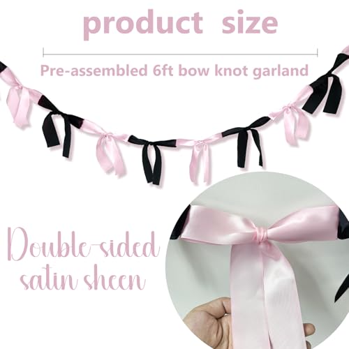 Image of Pink & Black Satin Bow Garland 6FT | Coquette & Cowgirl Birthday Banner, Pre-Tied Ribbon Bow Knot Decoration for Girls, Bridal Shower, Baby Room & Party Backdrop Decor