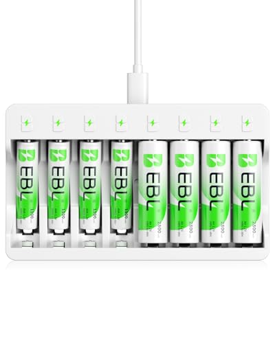 EBL Cargador Rápido de Pilas con 4 x AA 2800mAh y 4 x AAA 1100mAh, Cargador Inteligente LED Ni-MH USB 5V 2A & Protección Múltiple