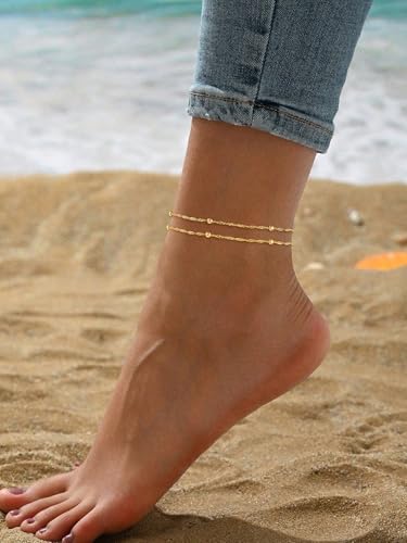 Image of Gold Ankle Bracelets for Women,14k Gold /Silver Plated Waterproof Layered lightweight Cuban Link Figaro Chain Heart anklet Bracelets Set Gold Anklets for women Trendy Jewelry Gift