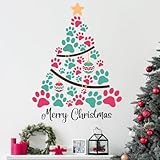 Mfault Merry Christmas Tree Wall Decals Stickers, Pink Green Xmas Dog Cat Paw Print Decorations Bedroom Art, Christmas Ball New Year Winter Holiday Home Kitchen Decor Pet Lover Gifts
