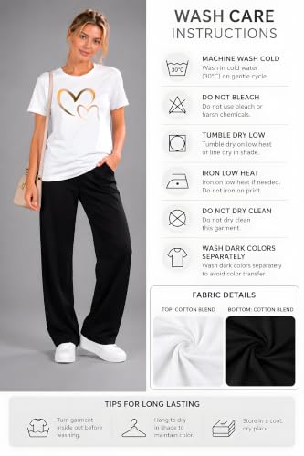 Image of ELVIA Women's Pure Cotton Top and Pyjama Co-Ord Set | Double Heart Graphic Printed Night Suit | Regular Fit Half Sleeve Round Neck T-Shirt with Pajama Sleepwear Loungewear Set