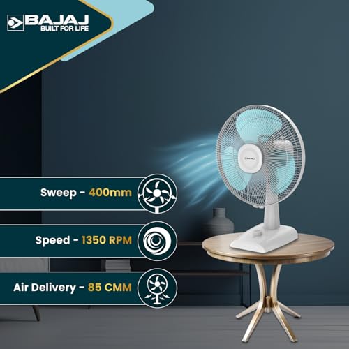 Image of Bajaj Armor Series Fuzion 400MM Table Fan For Home | Durabreeze Pro Technology | Surge Protection | 100% Copper Motor | High Air Delivery | 3 Years Warranty 【White BlueTint】