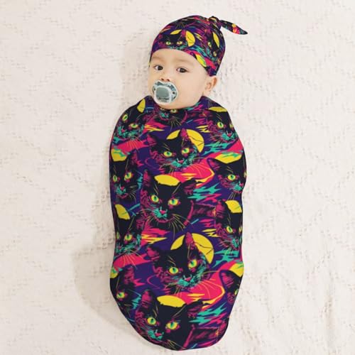 Image of Neon Cats with Moon Newborn Swaddle Blankets Hat Sets Soft Baby Receiving Blanket Swaddle Sack for Baby Shower Infant Boy Girl Gift
